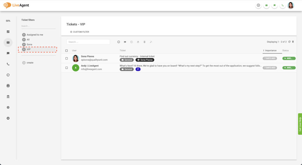 LiveAgent VIP filter tiketu