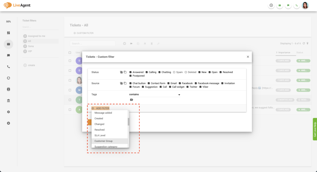 LiveAgent Pridať vlastný filter