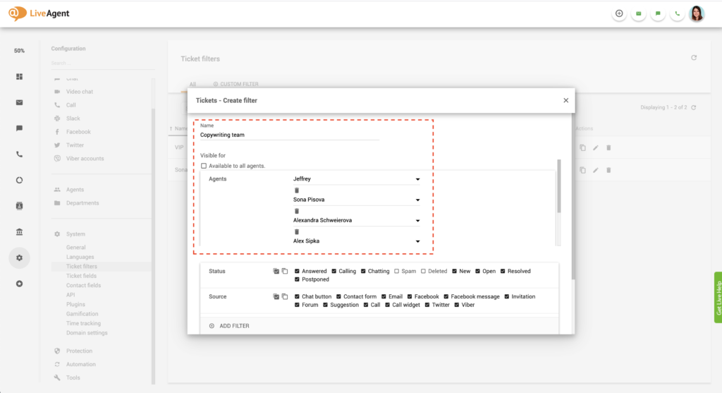 LiveAgent Globálny filter