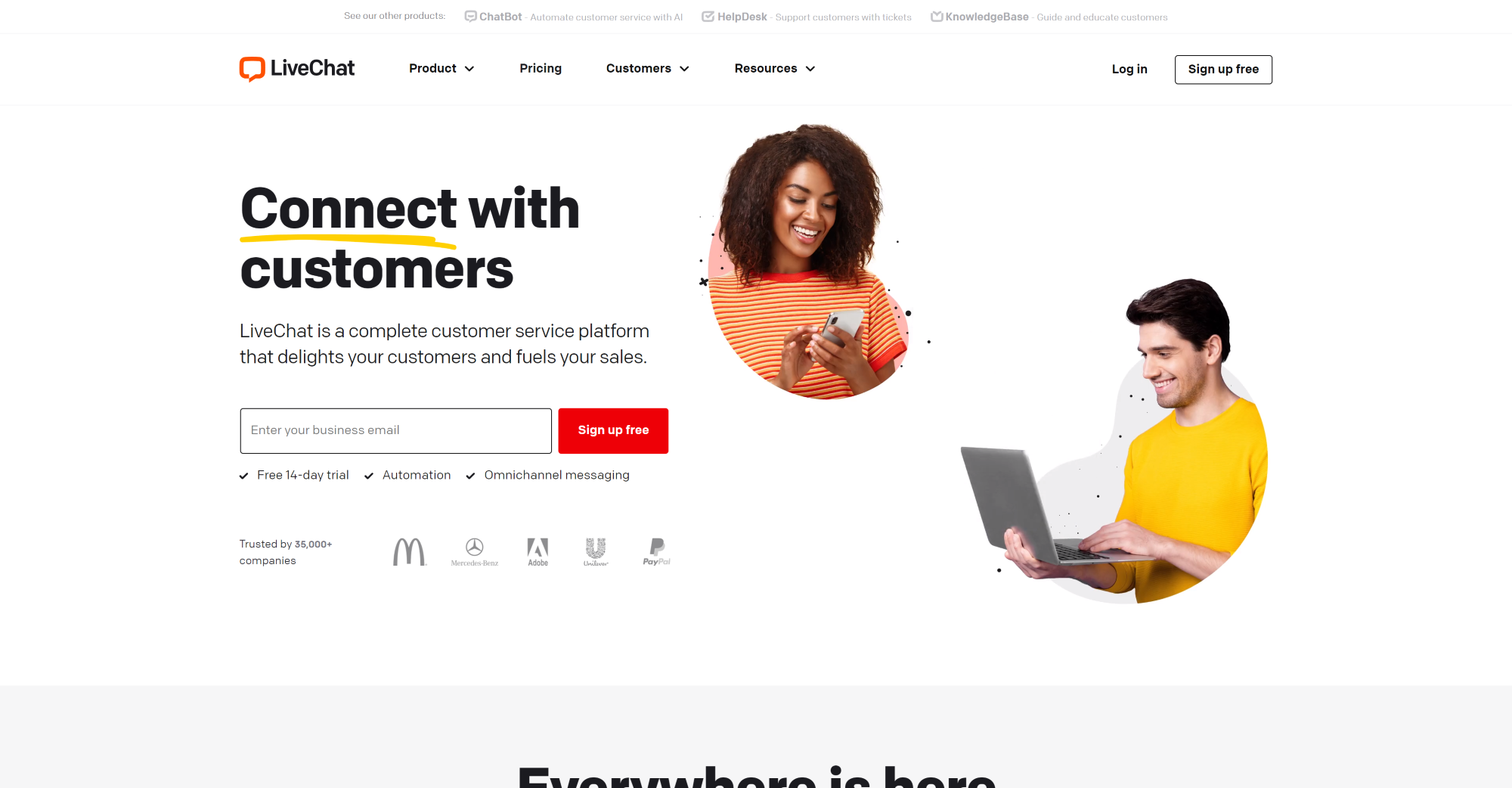 LiveChat Live Chat softvér úvodná stránka