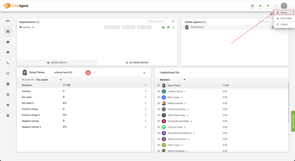 LiveAgent - tlačidlo prestávky
