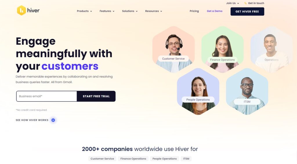 Hiver home page, collaborative email management software 