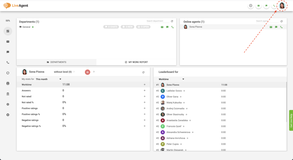 LiveAgent - nájsť tlačidlo prestávky