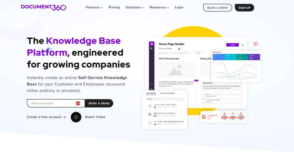 Snímka domovskej stránky Document360 so zameraním na kľúčové funkcie