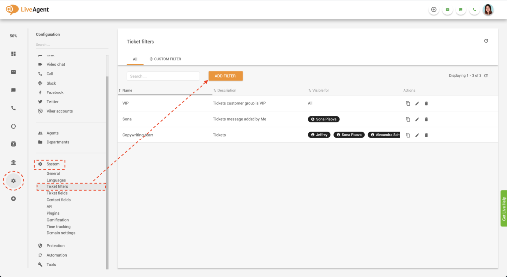 LiveAgent Vytvorenie globálneho filtru