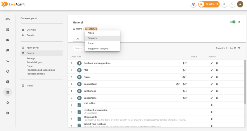 Príklad vytvorenia kategórie pre zákaznícky portál v systéme databázy znalostí LiveAgent