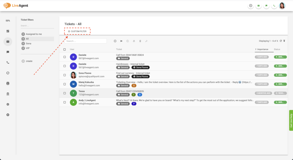 LiveAgent vlastné filtre