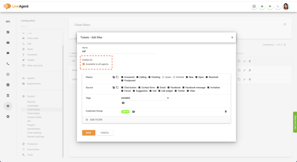 LiveAgent upraviť globálny filter