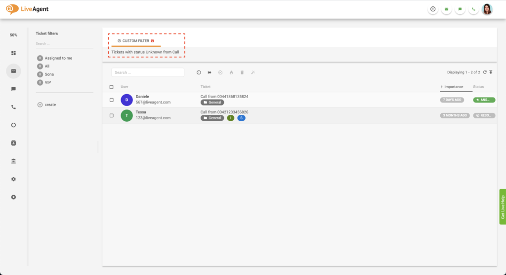 LiveAgent filtrované tikety
