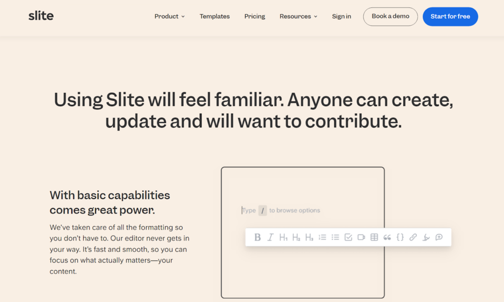 Domovská stránka databázy znalostí Slite