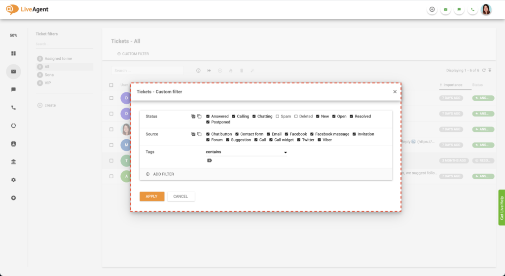 LiveAgent Vybranie filtra