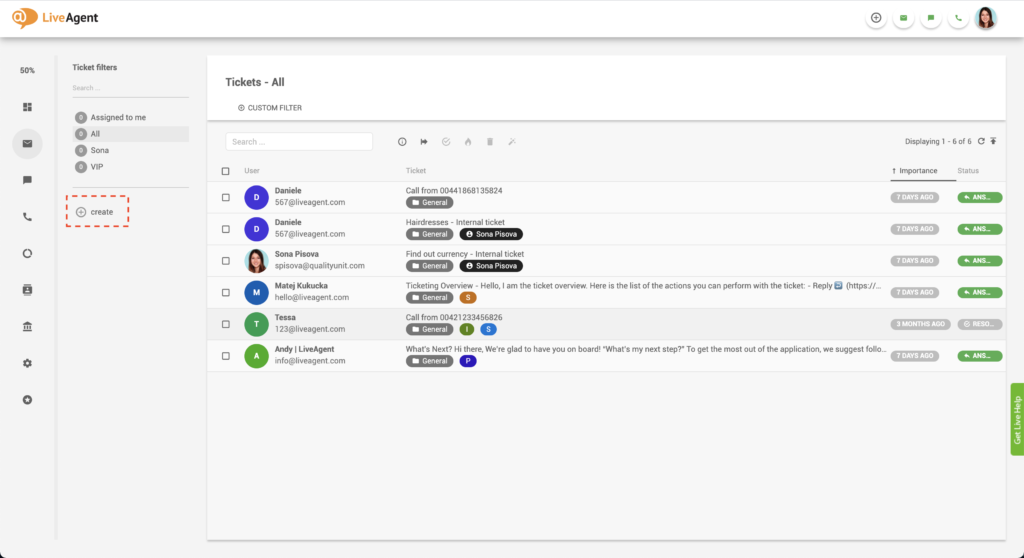LiveAgent Vytvoriť filter