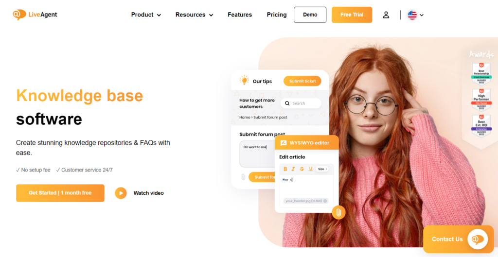 Pútavá domovská stránka spoločnosti LiveAgent zdôrazňujúca jej nástroj databázy znalostí